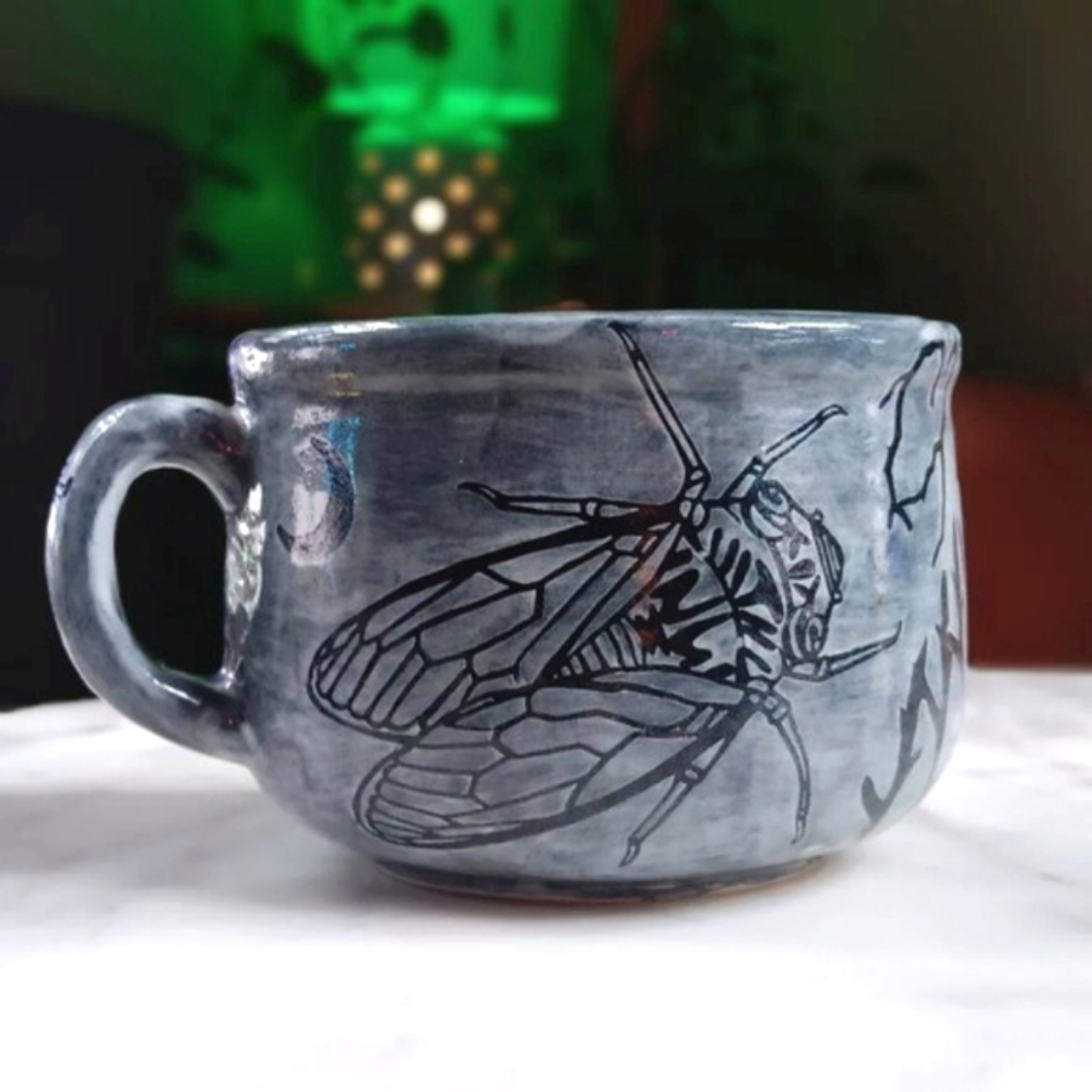 Whimsigoth Mug - Black & Grey Porcelain Cicada Moon Toad Leaves & Spiderweb